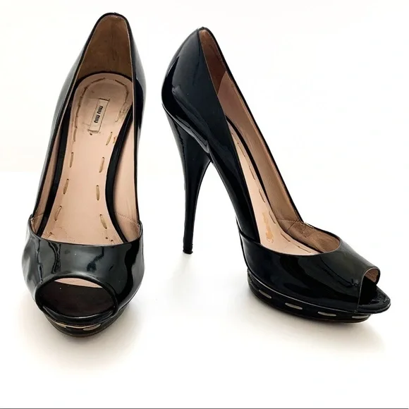 Miu Miu Patent Leather Peep-toe Black Heels 38 - Picture 14 of 14